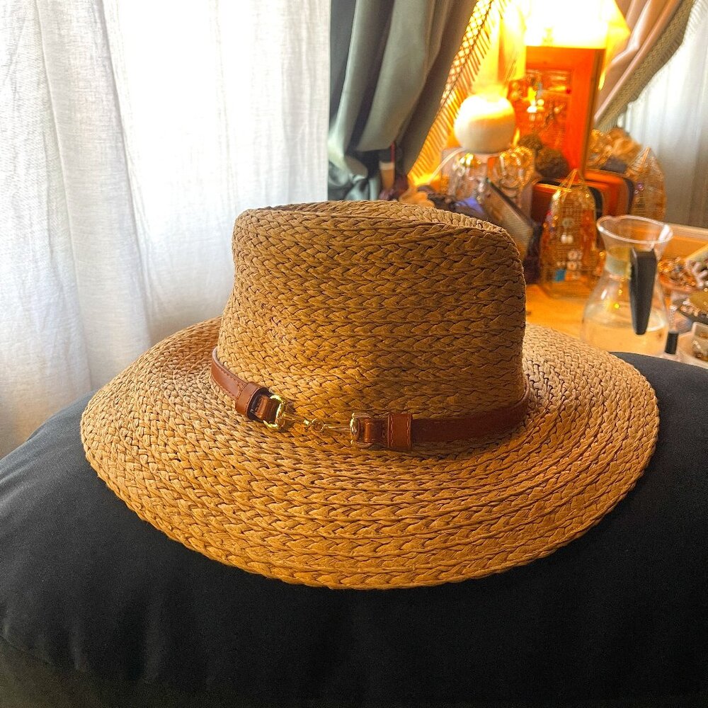 Vince Camuto Tan Straw Fedora with Brown Leather Band and Gold Accent